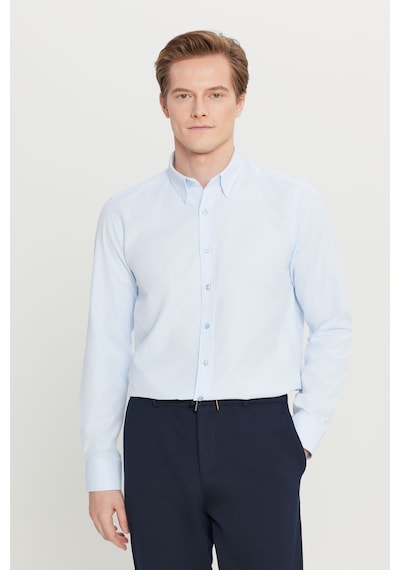 AC&Co / Altınyıldız Classics Erkek Acık Mavı Pamuklu Tailored Slim Fit Dar Kesim Gizli Düğmeli Yaka Armürlü Gömlek Acık Mavı