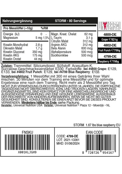 Universal Nutrition Storm Powder Creatine Matrix Creatine Muscle Building Aromasız