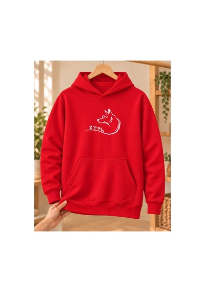 Mor Mürekkep Bozkurt Profili Ve Kavisli Göktürk Yazısı Baskılı Kapüşonlu Sweatshirt - Kırmızı Mor Mürekkep Bozkurt Profili Ve Kavisli Göktürk Yazısı Baskılı Kapüşonlu Sweatshirt - Kırmızı