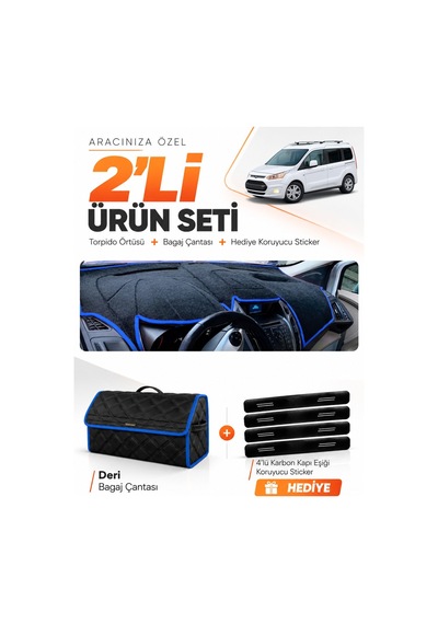 Ford Tourneo Connect 2013-2020 Uyumlu Torpido Örtüsü + Deri Bagaj Çantası + Sticker - Siyah Mavi