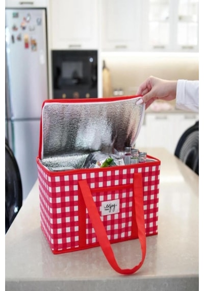 Büyük Boy Termo Lüks Kırmızı Piknik Çantası Yalıtımlı Plaj Çantası Ve Kamp Çantası 35 X 20 X 20 Cm