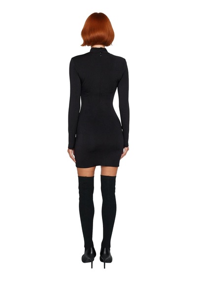 Ersefa Kadın Örme Kumaş Dik Yaka Uzun Kol Bodycon Mini Elbise Özel Günler İçin Zarif Ve Modern Tercih Siyah