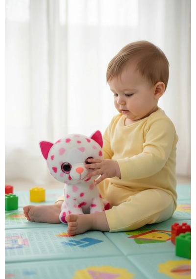 Kalpli Kedi Peluş Oyuncak 25 Cm İri Gözlü - Sevimli Zürafa Desenli, Yumuşacık Yüksek Kaliteli Gri - Yeşil