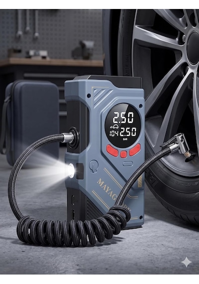Mayaglory Şarjlı 4'ü 1 Arada Akü Takviye Cihazı Jump Starter Ve Taşınabilir Hava Kompresörü - Type-c Powerbank, Sos Led Fener Ve Taşıma Çantalı