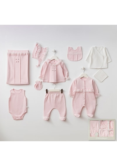 Zeynuko Kız Bebek Fırfırlı Elegant 10'lu Yenidoğan Hastane Çıkışı Zıbın Seti Kutulu Pembe