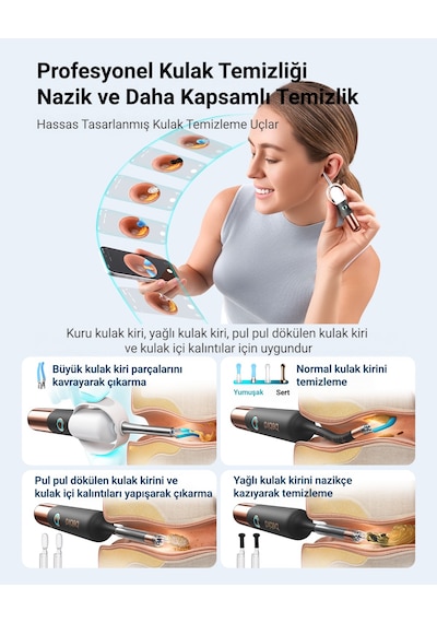 Bebird Earsight Ultra 2k Hd Kameralı Akıllı Kulak Temizleme Cihazı Görüntülü Cımbız Ve Damlalık Seti