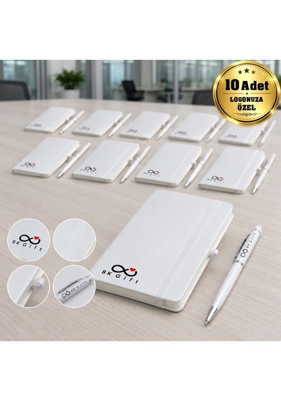 Bk Kurumsal Logonuza Özel 10 Adet 923-914 9 X 14 Termo Deri Defter Ve Touch Pen Kurumsal Hediye Seti Beyaz
