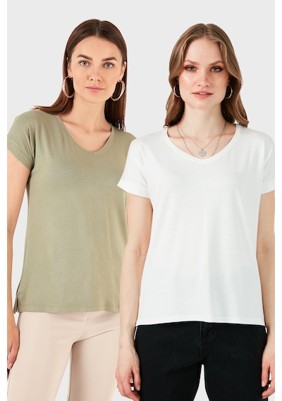 Lela V Yaka Relaxed Fit Yırtmaç Detaylı 2'Li Paket Bayan Bluz 5862000S2 Ekru-Olive