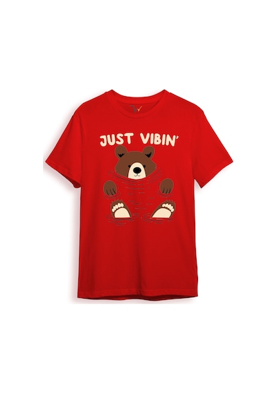 Just Vibin Sevimli Ayıcık Baskılı Regular Fit %100 Pamuk Kırmızı T-shirt Kırmızı