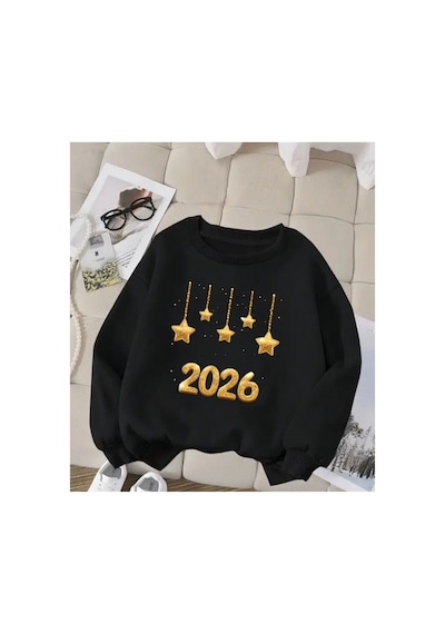 Herkesemoda 2026 Baskı Detaylı Bisiklet Yaka Sweatshırt Siyah