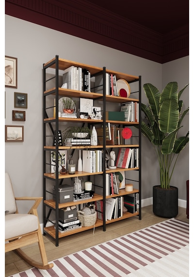 Asra Trend 6 Raflı Metal Kitaplık METALK02 %100 MDF İki Modüllü Geniş Kütüphane Petra