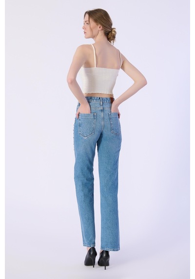 Wide Leg Kalıp Cep Altı Taş Detay Denim Pantolon-a.mavi Açık Mavi