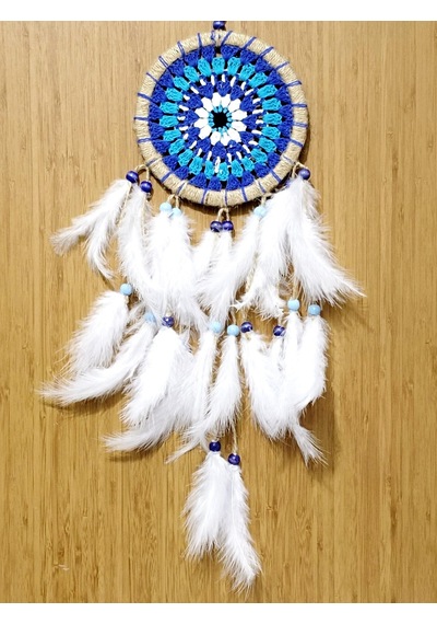 Nazar Boncuğu Desenli Dream Catcher El Yapımı Kuş Tüylü Rüya Kapanı Duvar Süsü