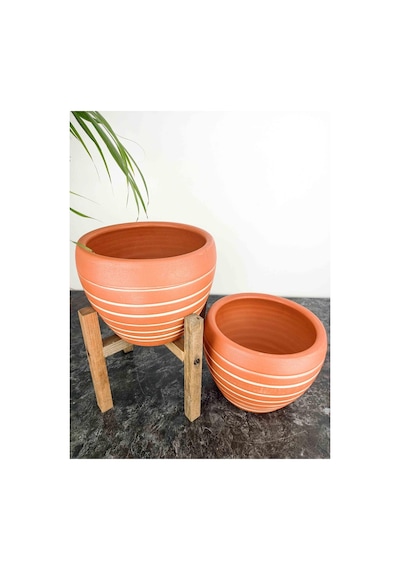 Bitki Tasarımı Doğal Beyaz Yan Çizgi Desen Terrakota Toprak Saksı İkili Set 4 Ayaklı-ayaksız 15 Cm