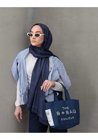 Bushu Monogram Twill Şal 70x190 Lacivert