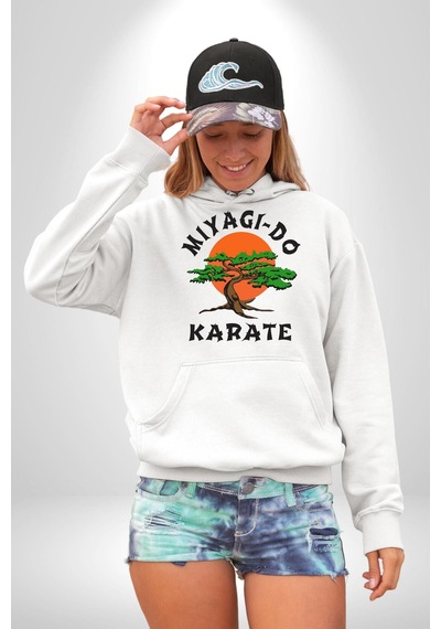 Miyagi-do Karete Çocuk Logo Dizi Bonzai Ağaç Kadın Erkek Beyaz Kapüşonlu Sweatshirt Hoodie Beyaz