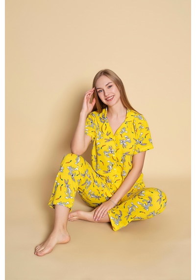 Yazlık Tavşanlı Baskılı Kısa Kol Önden Düğmeli Pijama Takımı Yeni Sezon Karışık Renk