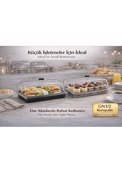 Polikarbon Gn 1/2 Fanus Kapaklı Servis Tepsisi 32.5x26.5 Cm Şeffaf Sunum Endüstriyel Kullanım