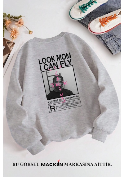 Macklin Unisex Kadın Erkek Travis Scott Cactus Jack Özel Tasarım Baskılı Bisiklet Yaka Sweatshirt Gri1 Mck1302 Gri