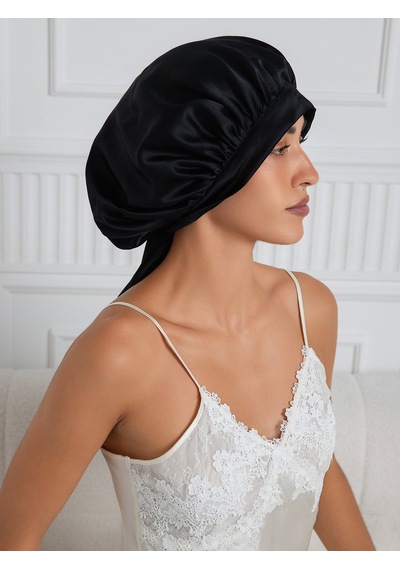 Silkwormlife %100 Saf Ipek, Uzun Bağcıklı Lüks Gece Bakim Bonesi Siyah