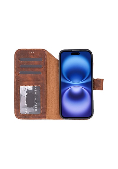 Bloomcase Magic Wallet Mahogany Saddle Hakiki Deri Apple Uyumlu iPhone 17 Air 6.5" Cüzdanlı Telefon Kılıfı Kahverengi