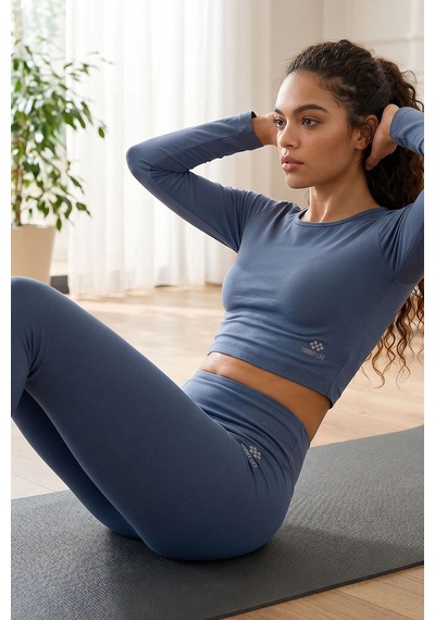 Tommylife Petrol Yüksek Bel Uzun Kollu Slim Fit Crop Top Kadın Tayt Takım - 95286