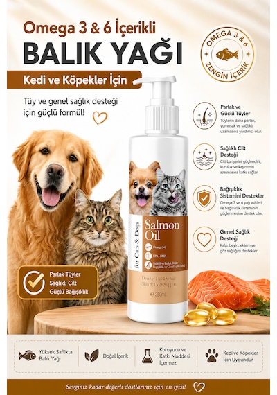 Omega 3 & 6 Somon Balık Yağı 250 Ml Kedi Ve Köpekler İçin Tüy, Deri, Bağışıklık Ve Genel Sağlık Destekleyici