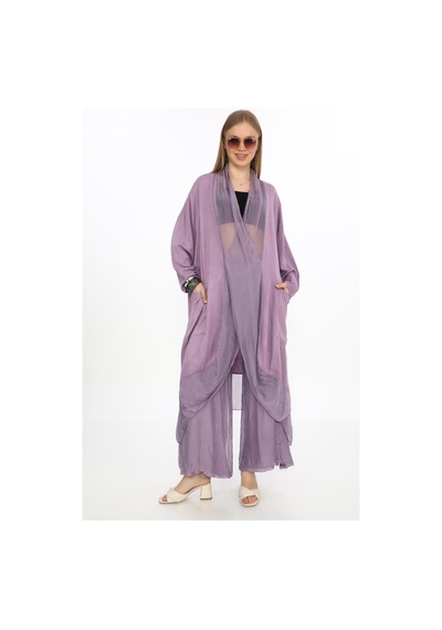 Bohem Stil İpek Detaylı Oversize Kap Bluz- Wes Pantolon Takım-8863 Leylak Lila