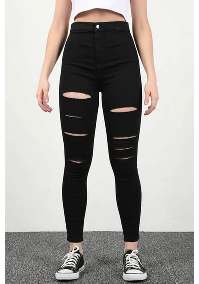 Yırtık Siyah Yüksek Bel Skinny Fit Jean Likralı Cepsiz Tayt Pantolon