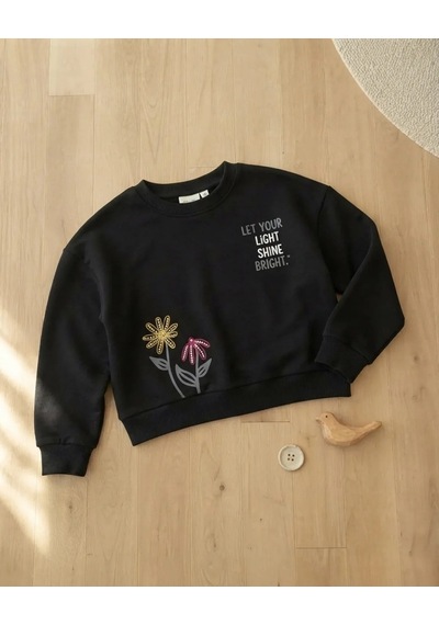 Roya Kız Çocuk Siyah Sweatshirt Çiçek Desenli Kışlık