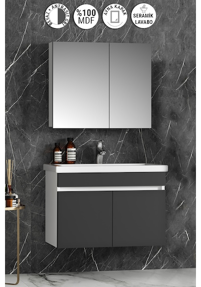Çiğdem 80 Cm Beyaz-antrasit Gri Mdf Asma Banyo Dolabı Takımı Beyaz - Antrasit