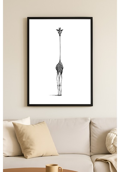 Giraffe Siyah Ahşap Çerçeveli Poster, Dekoratif Soyut Monokrom Duvar Tablosu