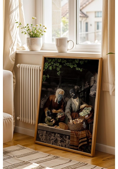 Modern Art Para Temalı Maskeli Figürler Çerçeveli Tablo Ofis Ve Ev Hediyesi Şık Dekor Modifiye Sanat