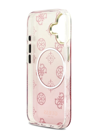 Apple Uyumlu iPhone 17 Kılıf Guess Lisanslı M-safe Şarj Özellikli Simli Peony Desenli Silikon Kapak Pembe Pembe