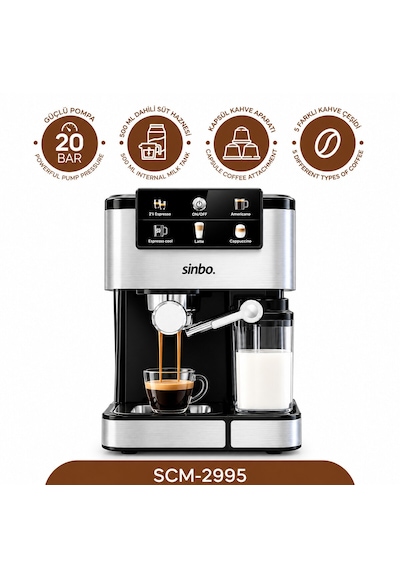 Siyah - Krom Espresso Kahve Makinesi 6 Farklı Kahve 1.5lt Su Hazne - 500ml Süt Hazne 1350w Scm-2995 5250