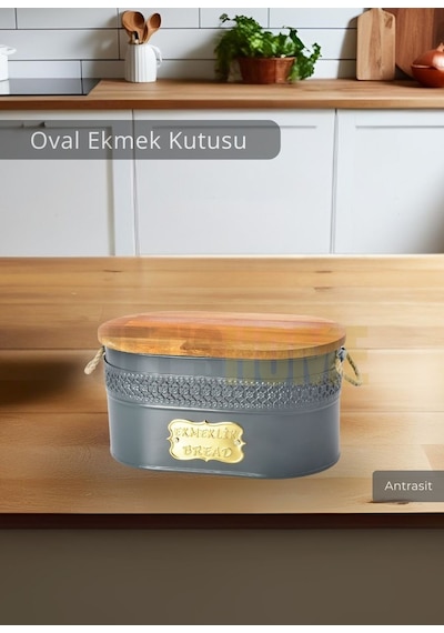 Jet's Home Bambu Kapaklı Ekmek Sepeti Saklama Kutusu Metal Şık Tasarım Antrasit Antrasit
