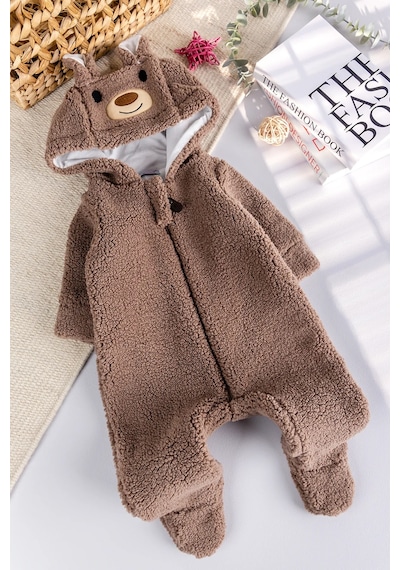 Babymod Kapüşonlu Welsoft Peluş Kışlık Kız/erkek Bebek Tulum Kahverengi