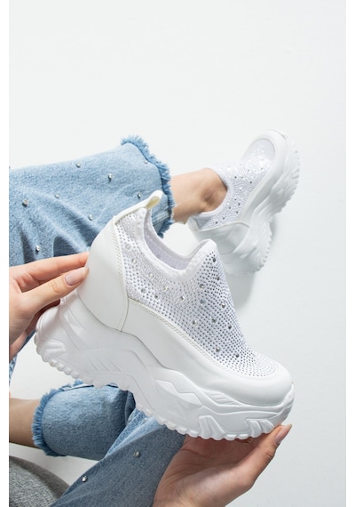 Dabab Shoes Olıvıa Beyaz Taş Detaylı 10 Cm Gizli Topuk Platform Slip-on Sneaker Ayakkabı