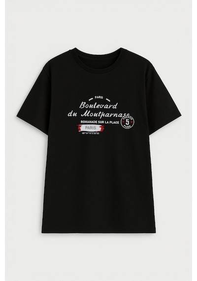 Kadın Bisiklet Yaka Baskılı Siyah T-shirt Çok Renkli