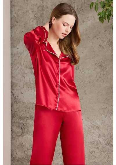 Pierre Cardin Saten Biyeli Pijama Takımı 1200 - Kırmızı