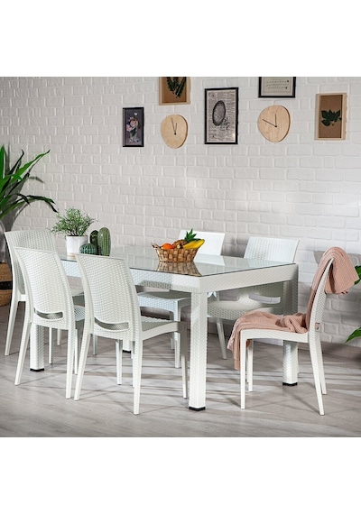 Rattan Camlı Dikdörtgen Masa Takımı 6 Kolsuz Sandalye Beyaz Bahçe Balkon Teras Beyaz Rattan Camlı Dikdörtgen Masa Takımı 6 Kolsuz Sandalye Beyaz Bahçe Balkon Teras Beyaz