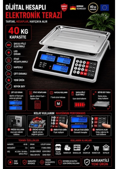Yeni Nesil 40 Kg Elektronik Terazi 2 Gram Hassasiyetli Şarjlı