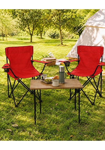 2 Sandalyeli Katlanır Kamp Masa Sandalye Seti 60x45 Cm 3 Parça Kırmızı