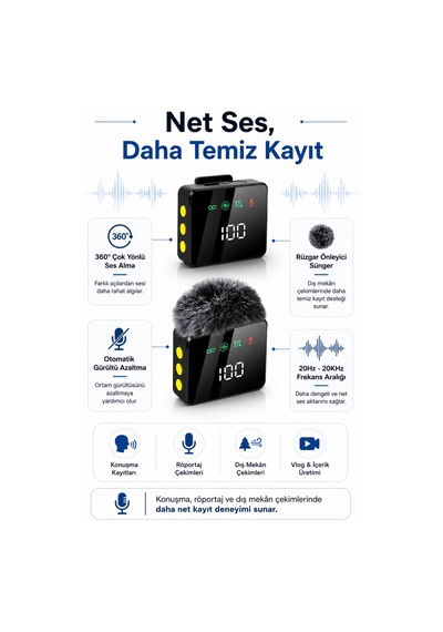 Kablosuz Tüylü Siyah Yaka Mikrofonu 1 Alıcı 2 Verici Şarj Kutulu Dijital Ekranlı 2.4g Gürültü Azaltmalı Type-c Lightning Uyumlu Mikrofon Seti Siyah Siyah
