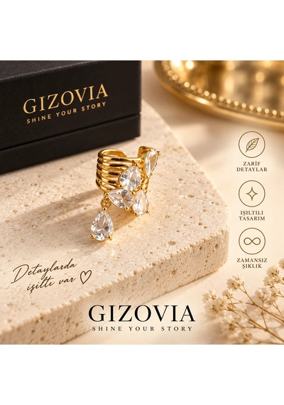 Gizovia Gold Renk Kristal Taşlı Sallantılı Kıkırdak Küpe Altın