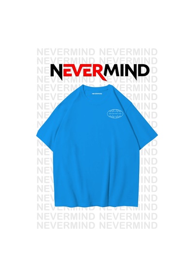 Nevermind Oversize Unisex Tişört Grafik Baskılı, Rahat Kalıp Mavi