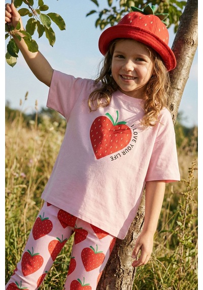 Zuzunga Strawberry Love Baskılı Kız Çocuk Tayt Takım Pembe Çilek Desenli