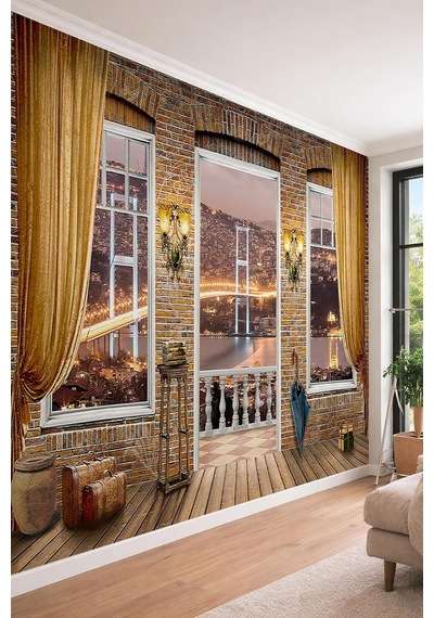 Tuğla Duvarlı İstanbul Boğazı Manzaralı 3d Teras Tekstil Duvar Kağıdı, 100 X 100 Diğer