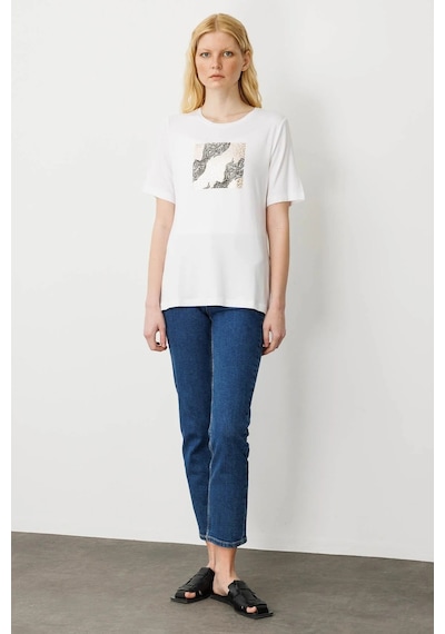 Desen Triko Kadın Sıfır Yaka Önü Taş Baskılı Penye T-shirt 25834 Ekru Ekru