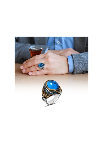 Oval Aqua Zirkon Taşlı Kompakt Tasarım 925 Ayar Gümüş Erkek Yüzük (461278345)